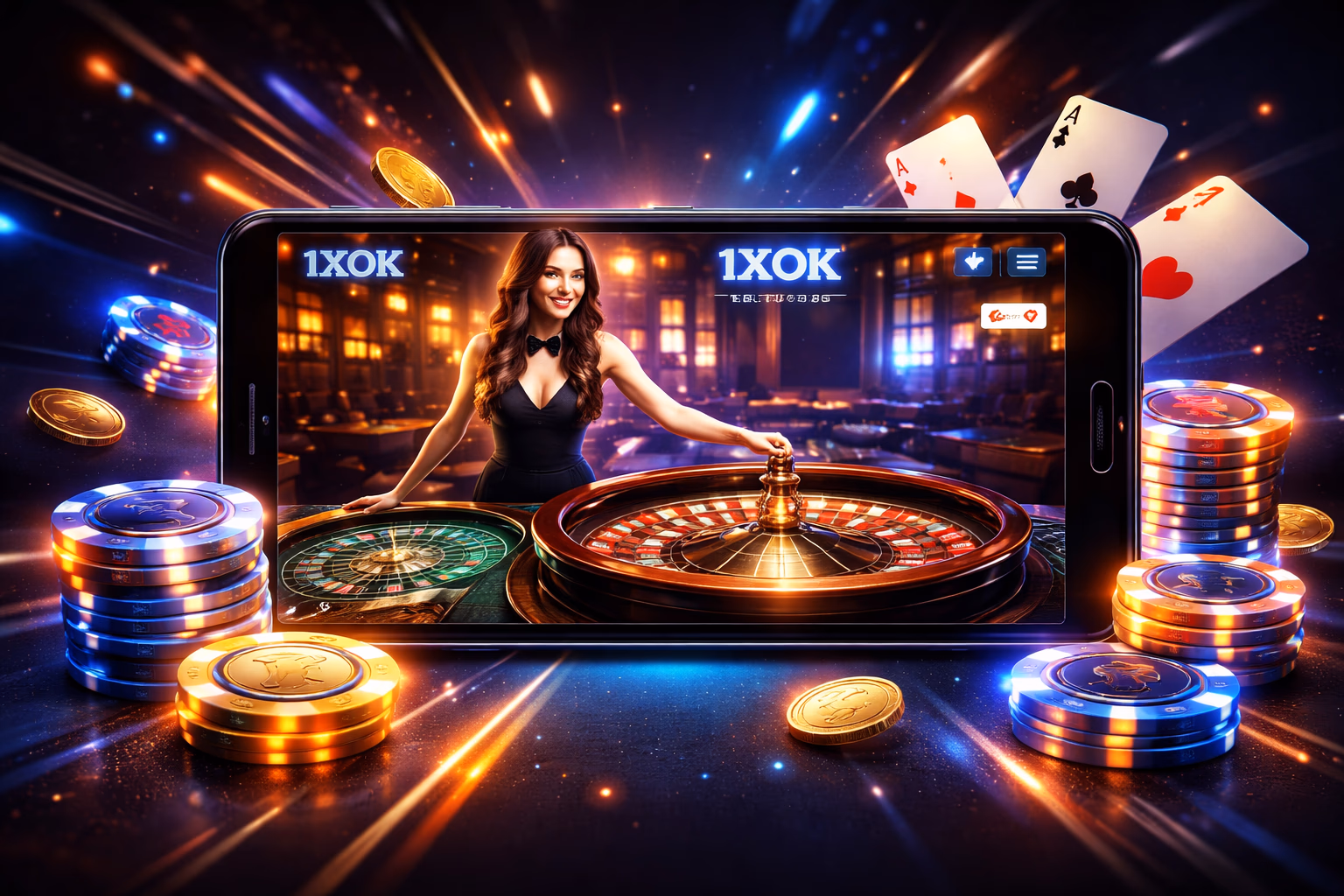 1XOK Android application displaying casino titles and encrypted login for Bangladesh players