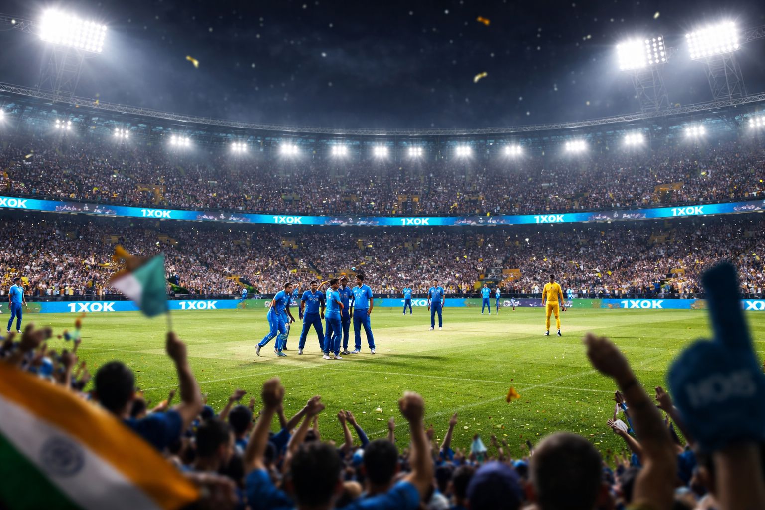 1XOK sportsbook screen showing live cricket in-play markets alongside football odds panel