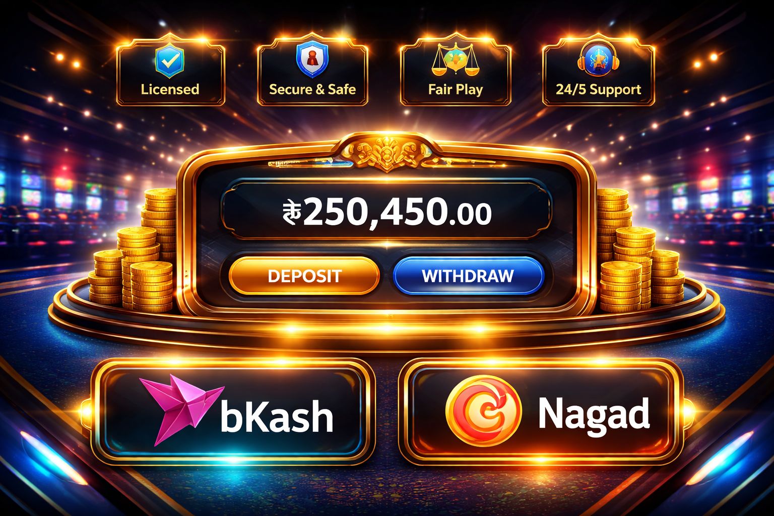 1XOK casino payment integration and fairness certificates showing PAGCOR license with bKash support